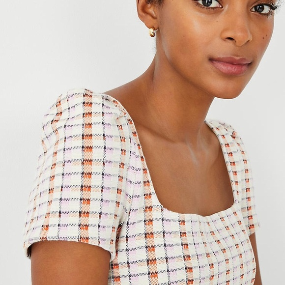 ANN TAYLOR Madras Plaid Puff Sleeve Flare Dress Orange Pink SZ 4 Work Party Mini - Picture 4 of 11